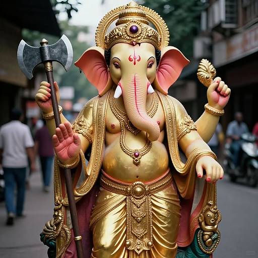 Photograph of a golden Ganesha statue with pink ears, holding an axe, wearing ornate jewelry, standing on a busy street.