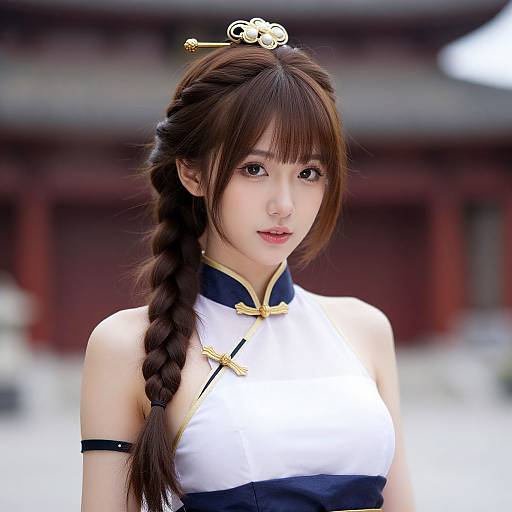 Photograph of an East Asian woman with long braided brown hair, wearing a white and blue traditional Chinese dress with gold accents, and a hairpin