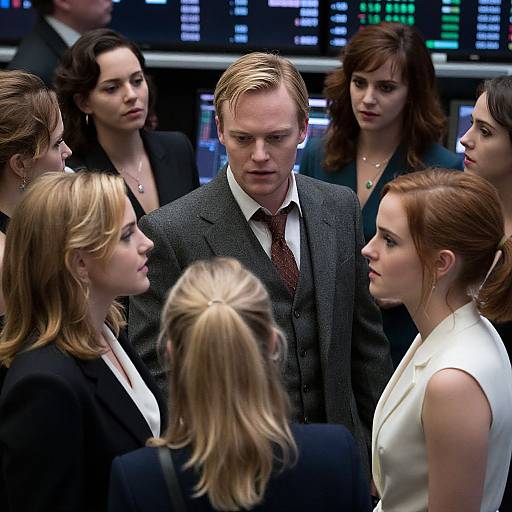 Photograph of a serious group of seven business professionals in formal attire, surrounded by financial market screens, focused on a central blonde man in a gray suit