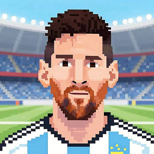 Pixel art of a bearded man with brown hair, wearing a blue and white striped soccer jersey, in a stadium.