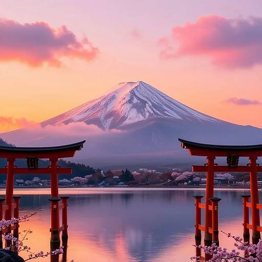 Photograph of a snow-capped Mount Fuji at sunset, reflected in a serene lake, with two red torii gates in the foreground. Pink and