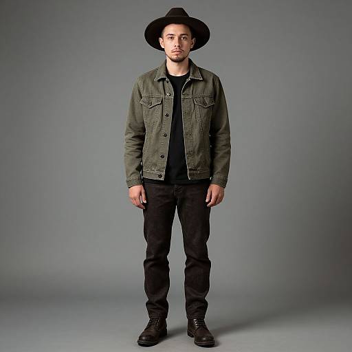 Photograph of a white man with short brown hair and beard, wearing a black hat, green denim jacket, black shirt, black pants, and black