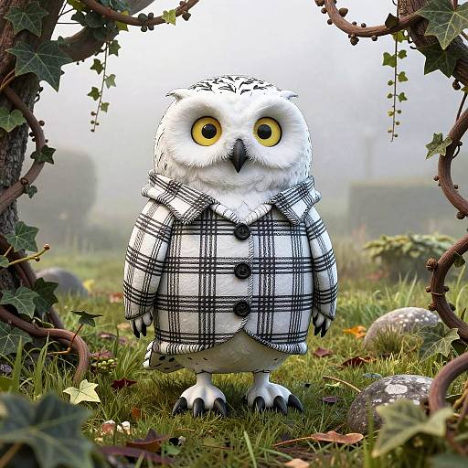 Photograph of a white owl with large yellow eyes, wearing a black-and-white plaid jacket, standing on grass amidst ivy-covered branches and colorful