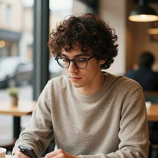 Photograph of a curly-haired young man with glasses, wearing a light gray sweater, sitting in a softly-lit café, focused on his drink.