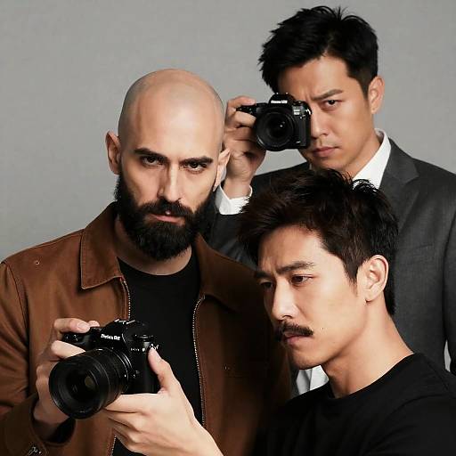 Three Men Filming with Intense Expressions