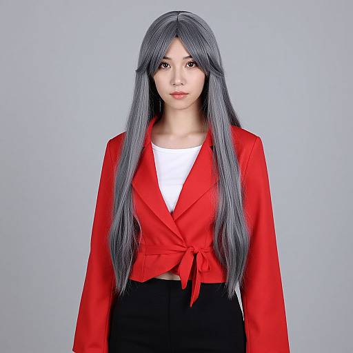 Photograph of an Asian woman with long gray hair, wearing a red blazer tied at the front, white shirt, and black pants, standing against