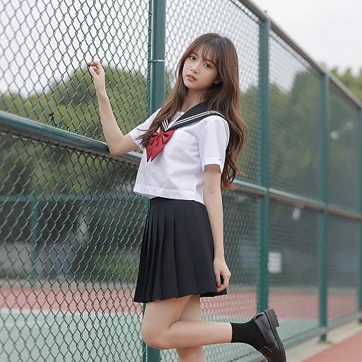 Casual Asian Girl by a Fence