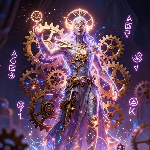 Digital artwork of a glowing, ethereal goddess with mechanical gears, neon symbols, and electric sparks, standing amid a dark, futuristic backdrop.