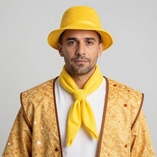 Photograph of a man with olive skin, brown eyes, and short beard, wearing a yellow hat, yellow scarf, and tan patterned jacket over