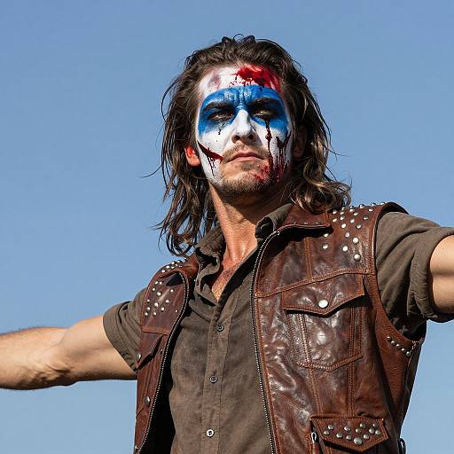 Man with Blue and Red Face Paint in Studded Leather Vest