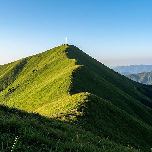 Photograph of a sunlit, grassy mountain peak with a lone antenna on top, casting a long shadow, under a clear blue sky.