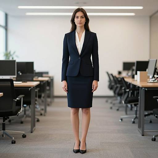 Photograph of a serious-looking woman in a black blazer and knee-length pencil skirt, standing in a modern, brightly lit office with desks and computers