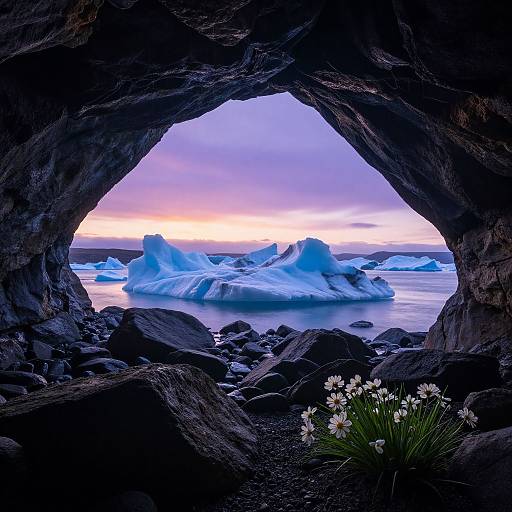 Photograph of a dark cave framing a serene Arctic seascape with blue icebergs, a pink and orange sunset sky, rocky shore, and white