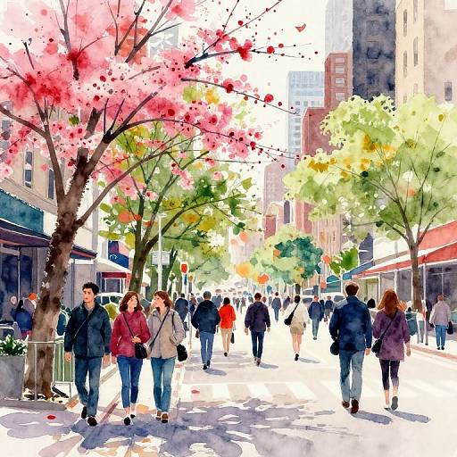 Bright, colorful street scene in a bustling urban area with cherry blossoms, people walking, and tall buildings in the background. (Digital watercolor style
