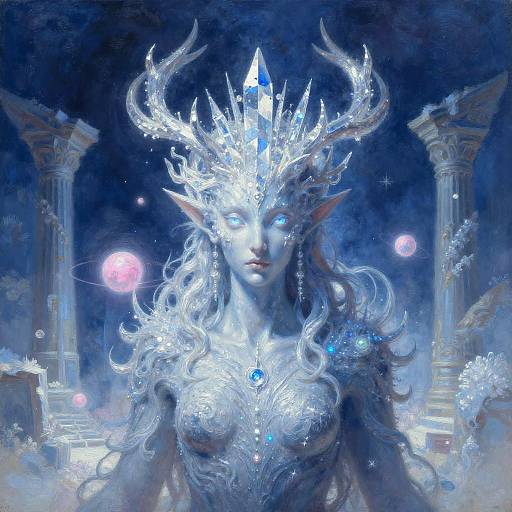 Frostborne Spirit with Crystalline Antlers in Enchanted Temple