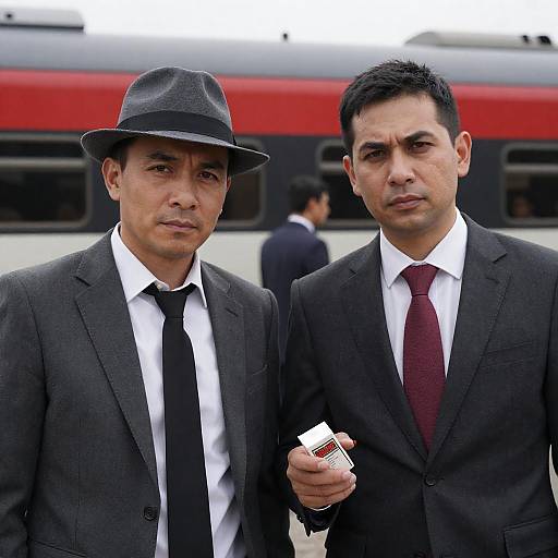 Two serious men in suits near train
