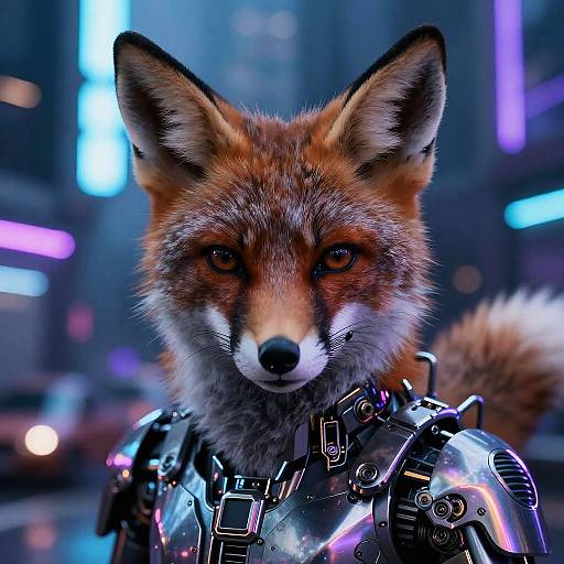 Photorealistic CGI of a cybernetic fox with glowing neon lights in a futuristic cityscape, featuring detailed fur and robotic armor.