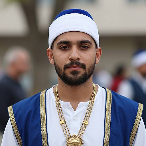 Photograph of a bearded Middle Eastern man with dark skin, wearing a white and blue turban, gold necklace, and white shirt with blue and
