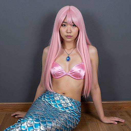 Photograph of an Asian woman with long pink wig, pink satin bra, and blue metallic mermaid tail, wearing a blue gem necklace, sitting on