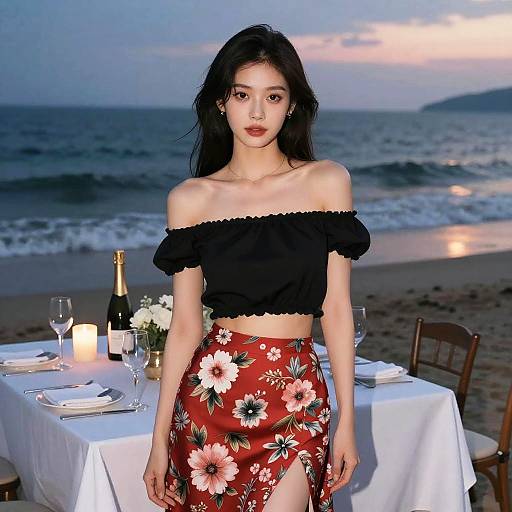 Elegant Woman at Dusk Beach Dinner
