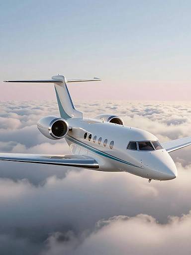 Teal and Silver Business Jet Above Clouds