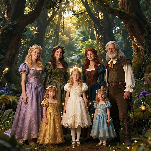 Photograph of a fairy tale family in enchanted forest: six people, four women, two girls, one boy, medieval costumes, glowing fairy lights,