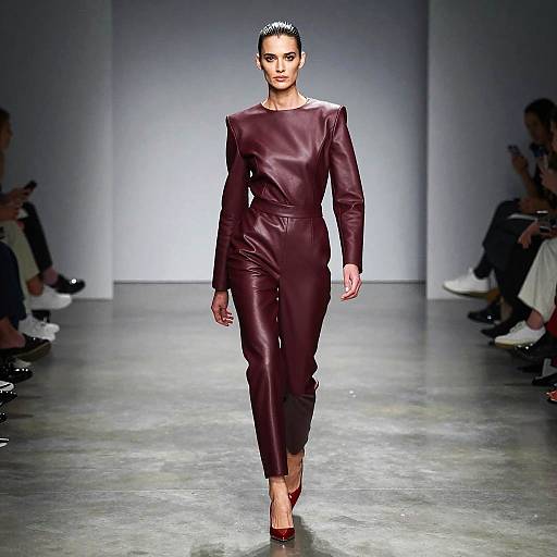 Female Model in Burgundy Leather Jumpsuit on Runway