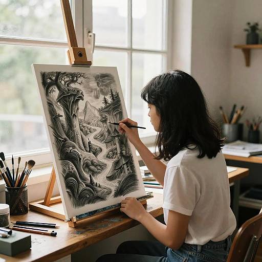 Girl Sketching Fantasy Landscape