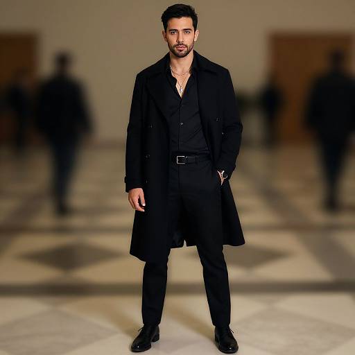 Photograph of a bearded man with short dark hair, wearing a long black coat over a black shirt and black pants, standing on a blurred,