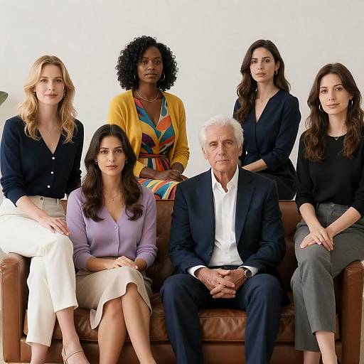 Group Portrait of Diverse Adults on Leather Couch