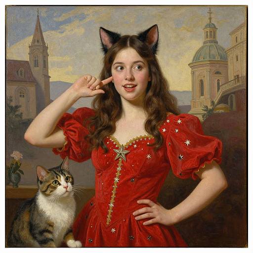 Painting of a young woman with brown wavy hair, cat ears, and red dress with gold stars, posing with a tabby cat. Historic