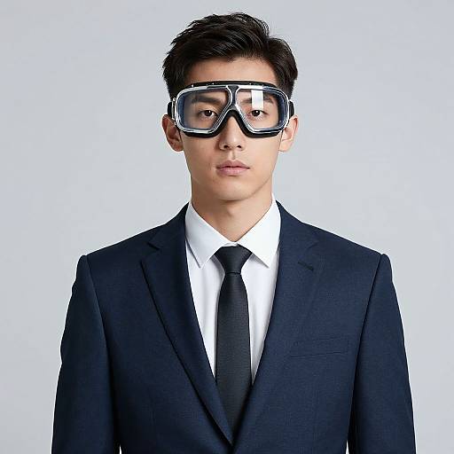 Photograph of an Asian man in a black suit, white shirt, and black tie, wearing large black goggles, against a white background.