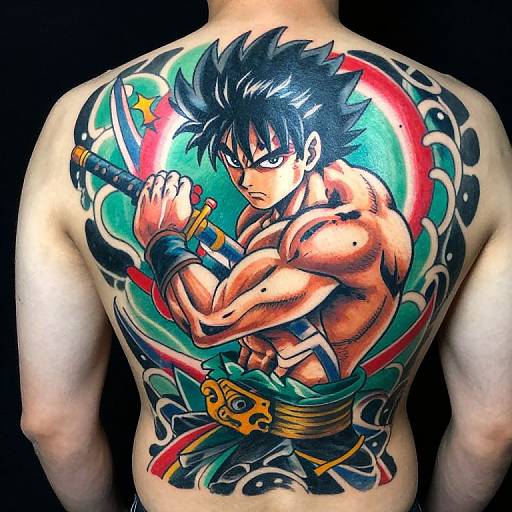 Vivid back tattoo of muscular anime warrior with spiky black hair, holding sword, against swirling colors. Realistic shading and bold lines. Photographic