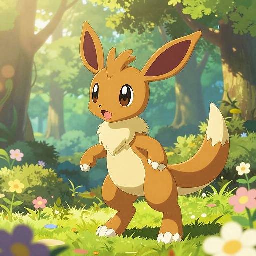 Digital anime-style drawing of a cute Eevee standing in a sunlit, colorful forest, with large ears, fluffy cream chest, and tail tip