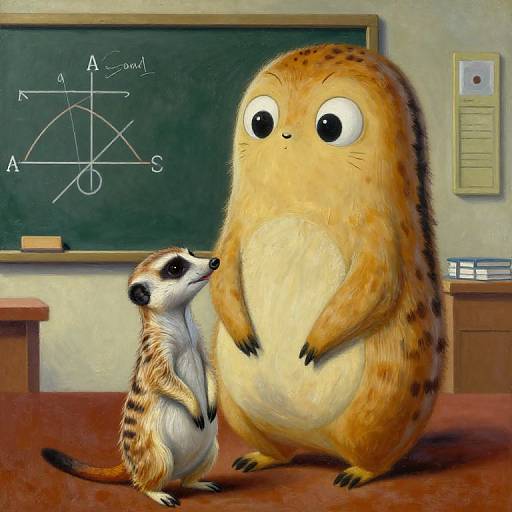 Digital illustration of a large, cute, cartoon meerkat tower standing next to a small, adorable meerkat, in a classroom with a chalk