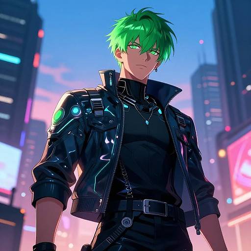 Digital anime-style drawing of a green-haired man with glowing green eyes, wearing a black leather jacket with neon lights, in a vibrant, neon-lit