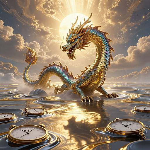 Digital artwork of a vibrant, golden-scaled dragon with red horns emerging from a reflective, clock-filled ocean at sunset. Sunburst illuminates cloudy sky