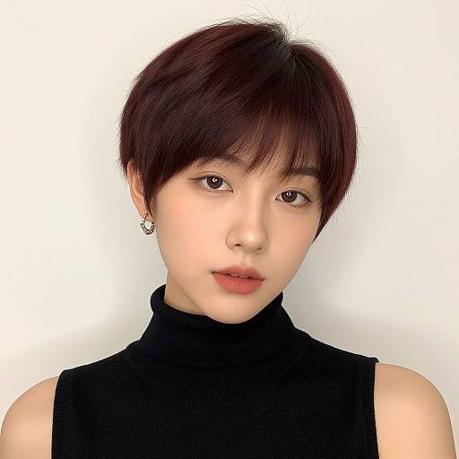 Photorealistic digital portrait of a young Asian woman with short, dark brown hair, wearing a black turtleneck, and silver earrings, against a