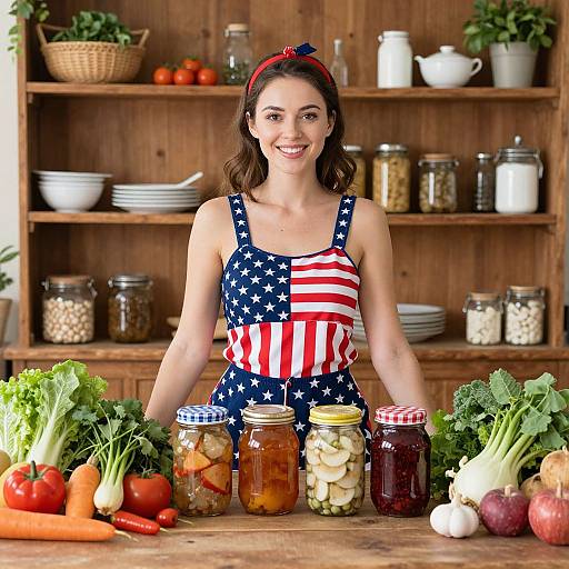 Photograph of a smiling woman in an American flag dress, standing in a wooden kitchen, surrounded by jars and fresh vegetables.