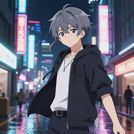 Anime-style drawing of a grey-haired, blue-eyed boy in a black jacket and white shirt, standing on a neon-lit, rainy city street at
