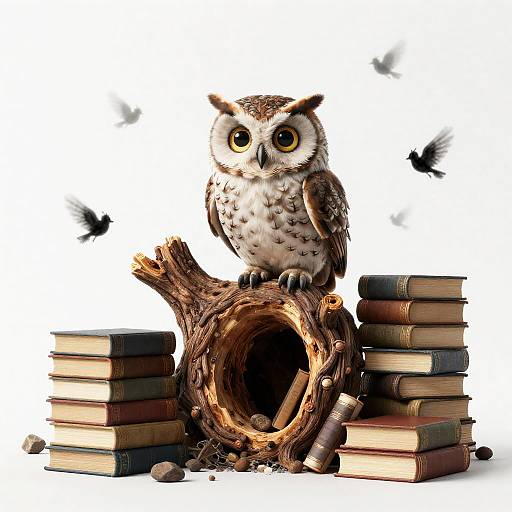 Whimsical Bookish Owl on Hollowed Oak