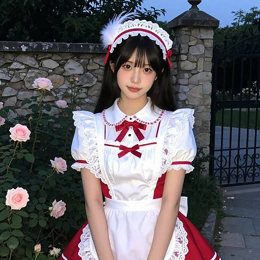 Asian woman in white and red French maid outfit with lace trim and headpiece, standing in front of stone wall and pink roses. Photorealistic digital