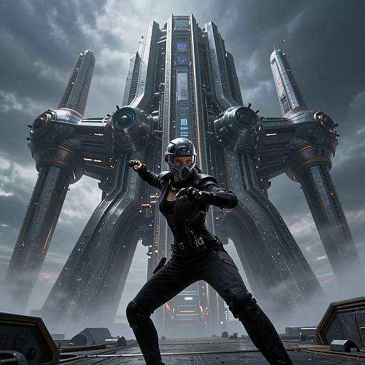 Digital artwork of a futuristic warrior in a black suit and helmet, standing confidently in front of a massive, towering, metallic structure against a cloudy sky.