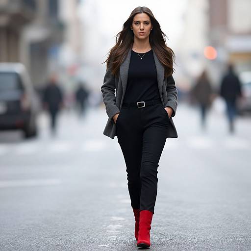 Photograph of a confident woman with long dark hair, wearing a gray blazer, black top, and pants, with bright red boots, walking down