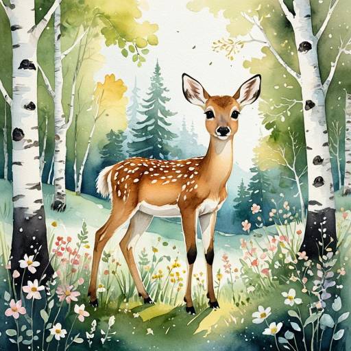 Watercolor Fawn in Enchanted Forest