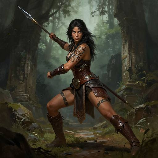 Heroic Female Warrior in Ancient Forest