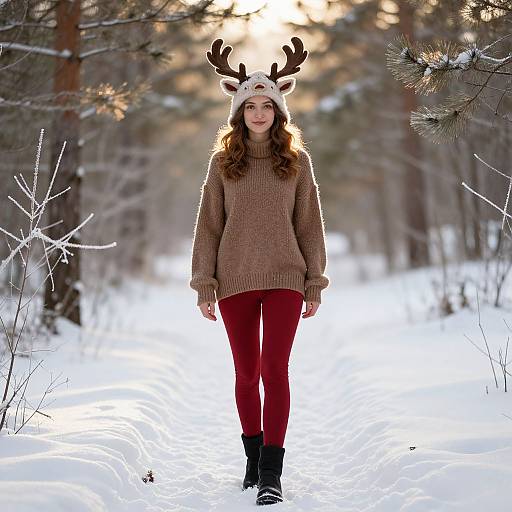 Photograph of a young woman with long brown hair wearing a reindeer antler hat, brown sweater, red leggings, and black boots, standing in