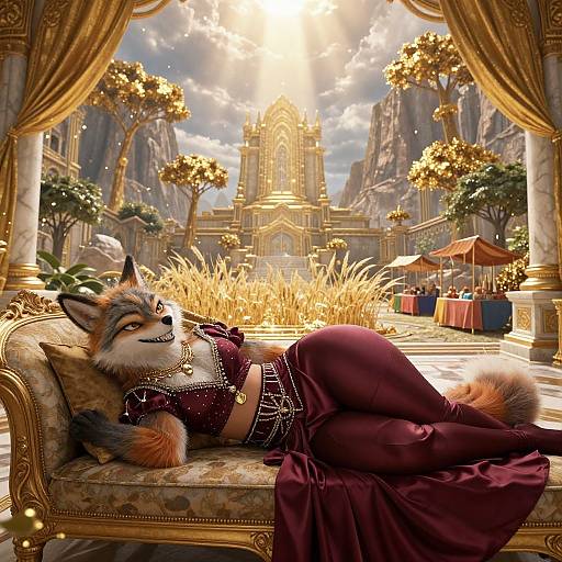 Furry fox woman lounges on ornate couch in lavish, golden cathedral courtyard, wearing red, jeweled outfit; sunlight beams down. Digital art