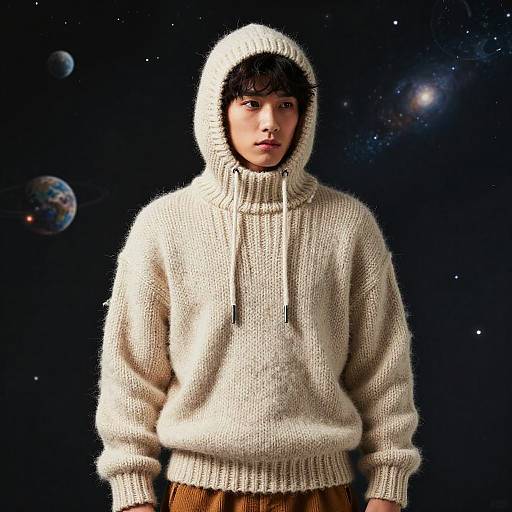 Photograph of a young Asian man with pale skin, wearing a white knitted hooded sweater, against a cosmic background with planets.