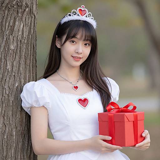 Young Asian woman with long black hair, wearing a white dress, tiara, and heart necklace, holds a red gift box with bow, leaning against
